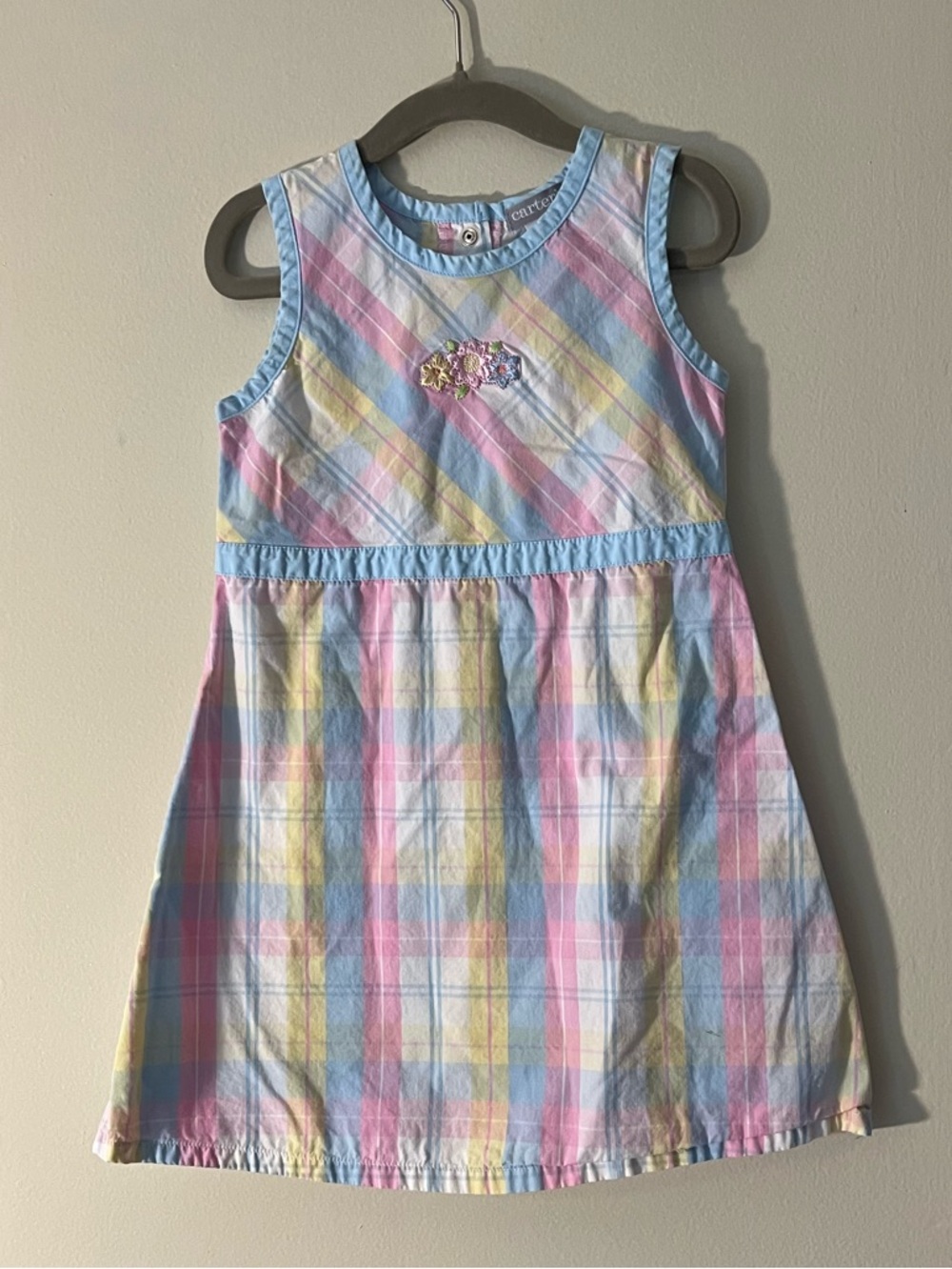 Carter's Pastel Plaid Sleeveless Embroidered Dress Preppy Pink Blue White 4T